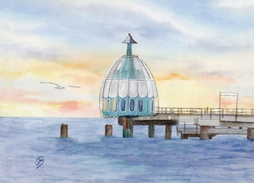 Poster DIN-A3 Watercolor Maritime Art Print Baltic Sea Zingst - Diving bell at sunset - Z2